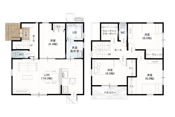 熊本市中央区黒髪4丁目2号地 30坪 4SLDK 間取り図 1階床面積 51.34㎡（15.53坪） 2階床面積 48.02㎡（14.52坪） 建物面積 99.36㎡（30.05坪） 土地面積 175.69㎡（53.14坪）