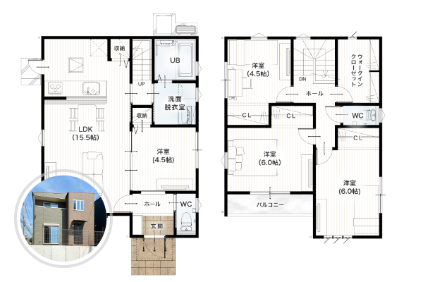 熊本市北区清水東町1号地 28坪 4SLDK 間取り図 1階床面積 48.85㎡（14.77坪） 2階床面積 45.54㎡（13.77坪） 建物面積 94.39㎡（28.55坪） 土地面積 162.35㎡（49.11坪）