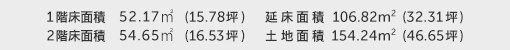 1階床面積 52.17㎡（15.78坪） 2階床面積 54.65㎡（16.53坪） 建物面積 106.82㎡（32.31坪） 土地面積 154.24㎡（46.65坪） 