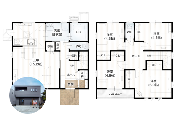 熊本市東区保田窪5丁目4号地 29坪 4SLDK 間取り図 1階床面積 46.37㎡（14.02坪） 2階床面積 49.68㎡（15.02坪） 建物面積 96.05㎡（29.05坪） 土地面積 124.42㎡（37.63坪）