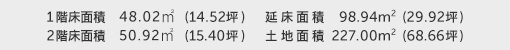 1階床面積 48.02㎡（14.52坪） 2階床面積 50.92㎡（15.40坪） 建物面積 98.94㎡（29.92坪） 土地面積 227.00㎡（68.66坪） 