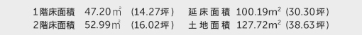 1階床面積 47.20㎡（14.27坪） 2階床面積 52.99㎡（16.02坪） 建物面積 100.19㎡（30.30坪） 土地面積 127.72㎡（38.63坪） 