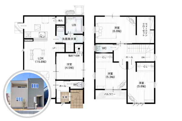 熊本市南区土河原町2期4号地 28坪 4LDK 間取り図 1階床面積 47.82㎡（14.46坪） 2階床面積 46.78㎡（14.15坪） 建物面積 94.60㎡（28.61坪） 土地面積 142.51㎡（43.10坪）