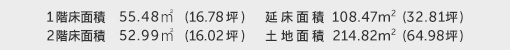 1階床面積 55.48㎡（16.78坪） 2階床面積 52.99㎡（16.02坪） 建物面積 108.47㎡（32.81坪） 土地面積 214.82㎡（64.98坪） 