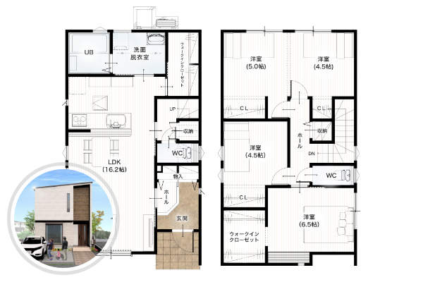 熊本市南区近見3丁目1号地 30坪 4SLDK 間取り図 1階床面積 48.02㎡（14.52坪） 2階床面積 51.34㎡（15.53坪） 建物面積 99.36㎡（30.05坪） 土地面積 136.11㎡（41.17坪）