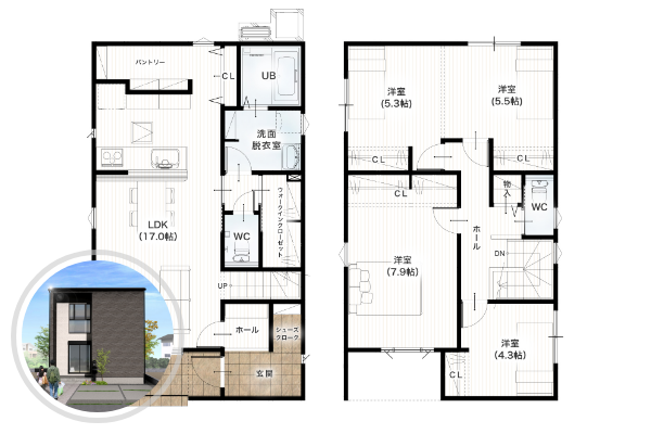 熊本市南区近見3丁目2号地 33坪4LDK 間取り図 1階床面積 54.24㎡（16.40坪） 2階床面積 55.48㎡（16.78坪） 建物面積 109.72㎡（33.19坪） 土地面積 140.20㎡（42.41坪）