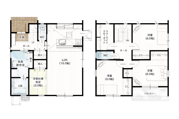 熊本市西区池上町 30坪 3SLDK 間取り図 1階床面積 51.34㎡（15.53坪） 2階床面積 49.68㎡（15.02坪） 建物面積 101.02㎡（30.55坪） 土地面積 175.85㎡（53.19坪）