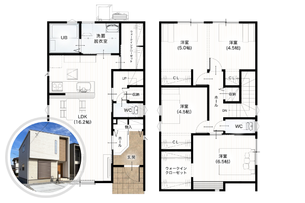 熊本市南区近見3丁目1号地 30坪 4SLDK 間取り図 1階床面積 48.02㎡（14.52坪） 2階床面積 51.34㎡（15.53坪） 建物面積 99.36㎡（30.05坪） 土地面積 136.11㎡（41.17坪）