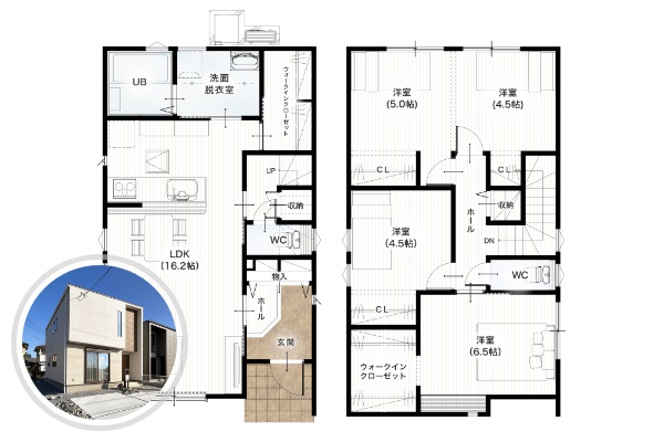 熊本市南区近見3丁目1号地 30坪 4SLDK 間取り図 1階床面積 48.02㎡（14.52坪） 2階床面積 51.34㎡（15.53坪） 建物面積 99.36㎡（30.05坪） 土地面積 136.11㎡（41.17坪）