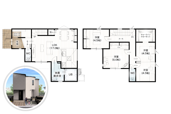 熊本市南区御幸笛田4丁目1号地 30坪 4SLDK 間取り図 1階床面積 48.02㎡（14.52坪） 2階床面積 53.82㎡（16.28坪） 建物面積 101.84㎡（30.80坪） 土地面積 133.94㎡（40.51坪）