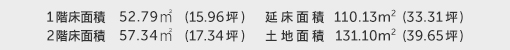 1階床面積 52.79㎡（15.96坪） 2階床面積 57.34㎡（17.34坪） 建物面積 110.13㎡（33.31坪） 土地面積 131.10㎡（39.65坪）（公簿） 