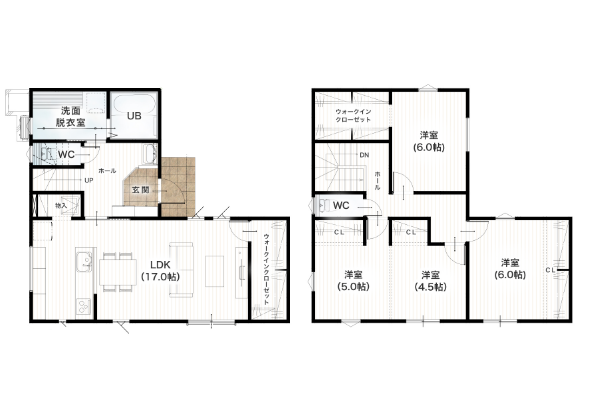 熊本市北区四方寄町5期5号地 33坪 4SSLDK 間取り図 1階床面積 53.82㎡（16.28坪） 2階床面積 57.96㎡（17.53坪） 建物面積 111.78㎡（33.81坪） 土地面積 153.61㎡（46.46坪）