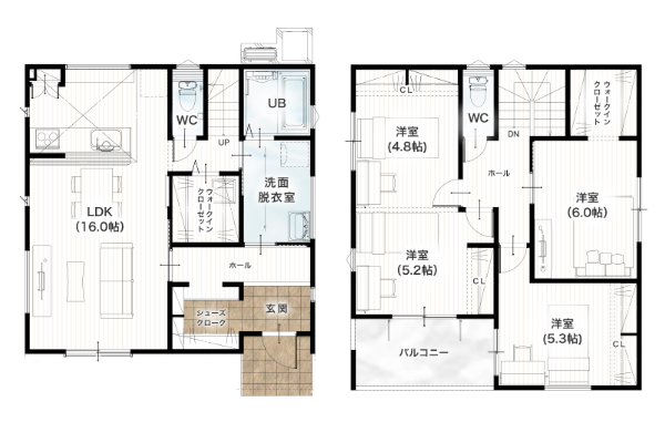 熊本市南区城南町舞原4期6号地 31坪 4SSLDK 間取り図 1階床面積 52.17㎡（15.78坪） 2階床面積 52.99㎡（16.02坪） 建物面積 105.16㎡（31.81坪） 土地面積 200.83㎡（60.75坪）