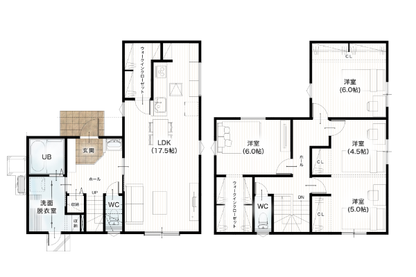 上益城郡御船町木倉2期12号地 33坪 4SLDK 間取り図 1階床面積 53.82㎡（16.28坪） 2階床面積 57.96㎡（17.53坪） 建物面積 111.78㎡（33.81坪） 土地面積 176.5㎡（53.39坪）