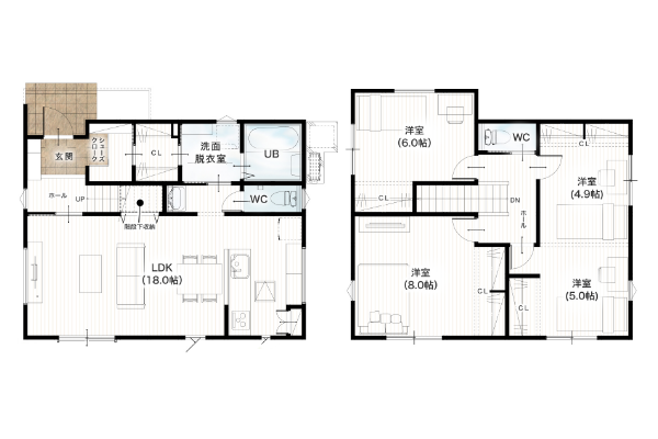 上益城郡御船町木倉2期14号地 32坪 4SLDK 間取り図 1階床面積 51.34㎡（15.30坪） 2階床面積 55.48㎡（16.78坪） 建物面積 106.82㎡（32.31坪） 土地面積 190.18㎡（57.52坪）